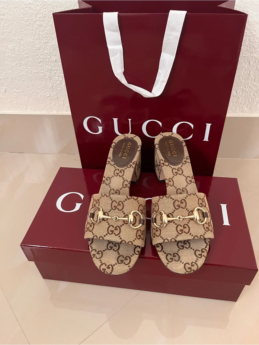 Gucci Tan GG Canvas Horsebit Slide Sandals with Gold Hardware